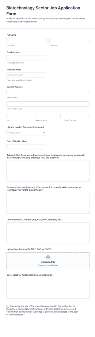 Biotechnology Sector Job Application Form Template