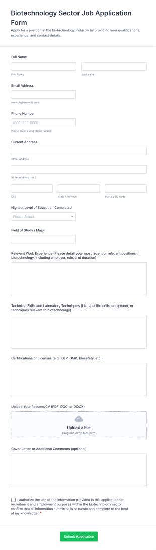 Biotechnology Sector Job Application Form Form Template