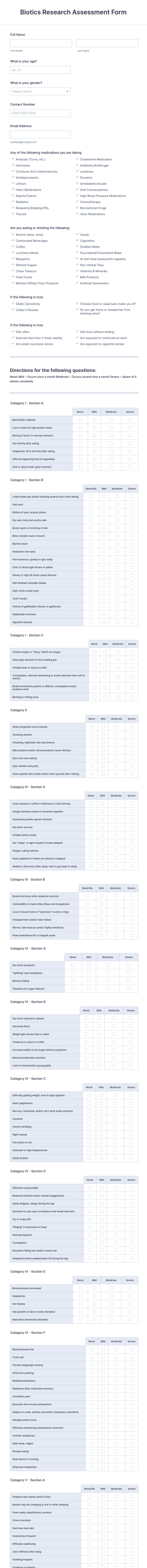 Biotics Research Assessment Form Template