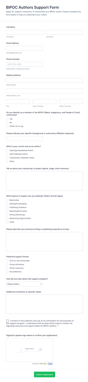 BIPOC Authors Support Form Form Template