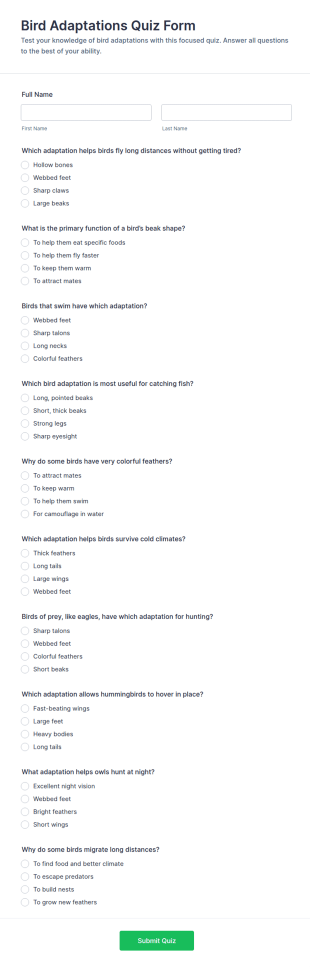 Bird Adaptations Quiz Form Template