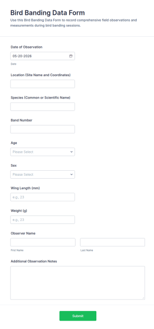 Bird Banding Data Form Template