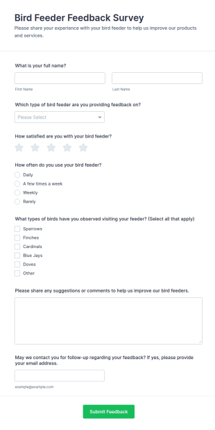 Bird Feeder Feedback Survey Form Template