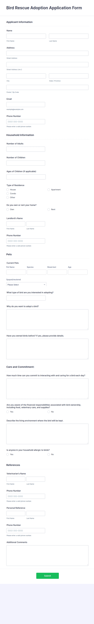 Bird Rescue Adoption Application Form Template