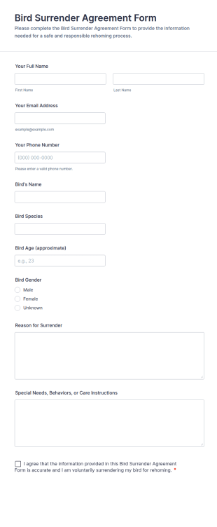 Bird Surrender Agreement Form Template
