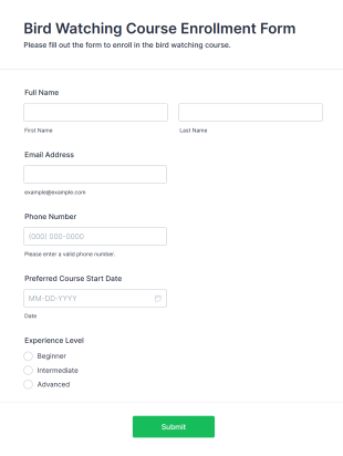 Bird Watching Course Enrollment Form Template