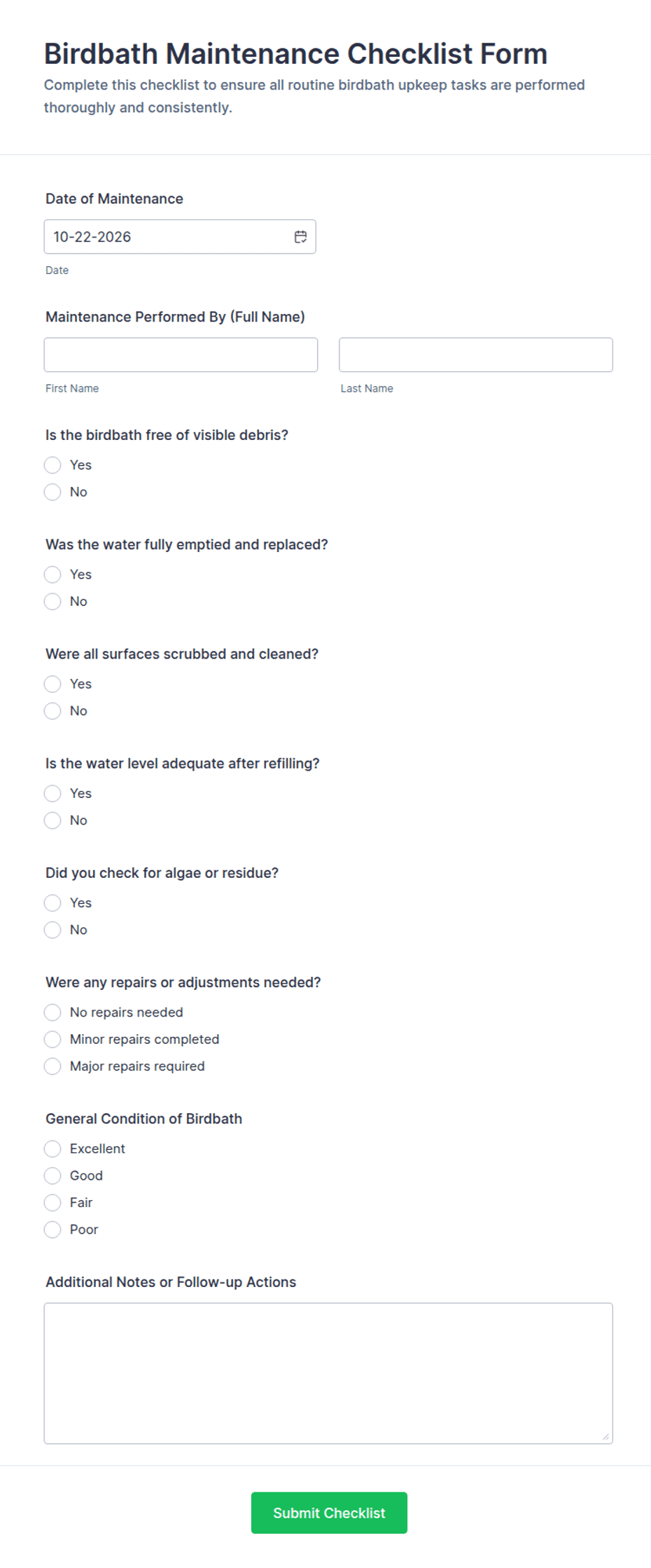 Birdbath Maintenance Checklist Form Template | Jotform