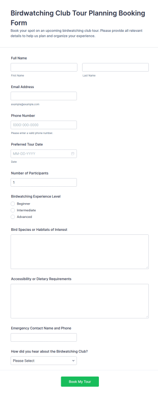 Birdwatching Club Tour Planning Booking Form Template