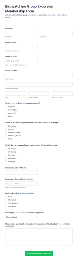 Birdwatching Group Excursion Membership Form Template