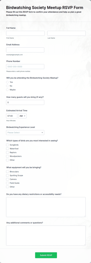 Birdwatching Society Meetup RSVP Form Template