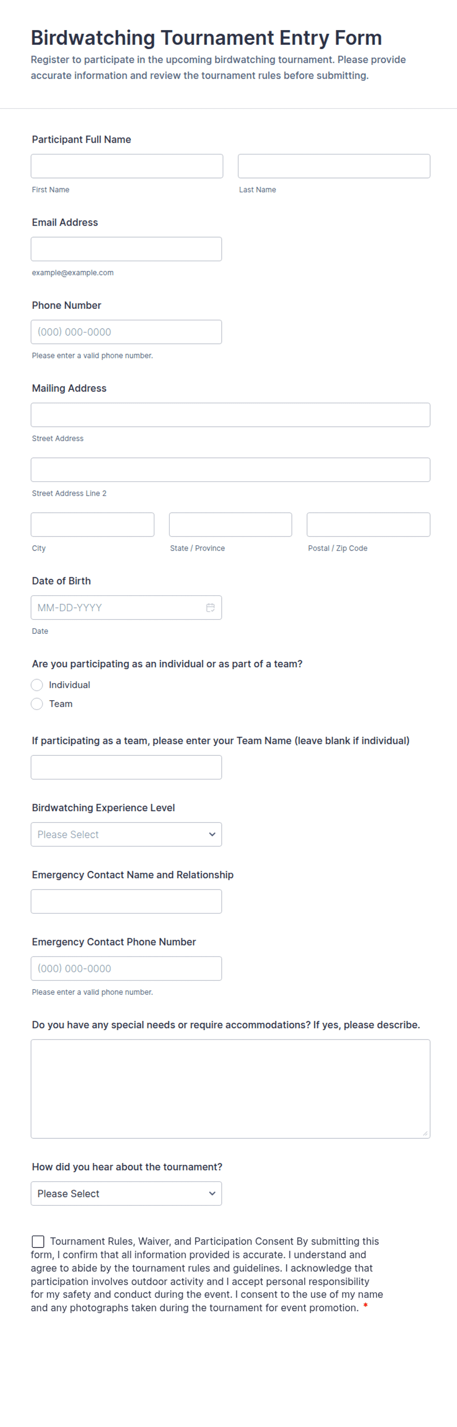 Birdwatching Tournament Entry Form Template | Jotform
