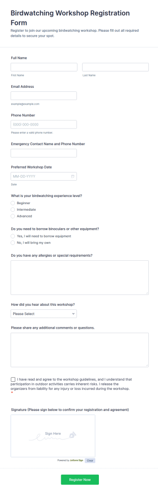 Birdwatching Workshop Registration Form Template