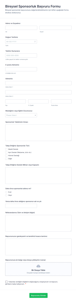 Bireysel Sponsorluk Başvuru Form Şablonu