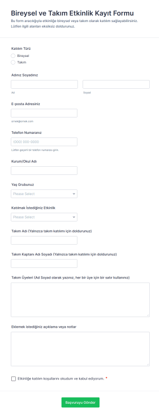 Bireysel Ve Takım Etkinlik Kayıt Form Şablonu