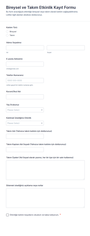 Bireysel Ve Takım Etkinlik Kayıt Form Şablonu