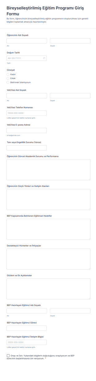 Bireyselleştirilmiş Eğitim Programı Giriş Form Şablonu
