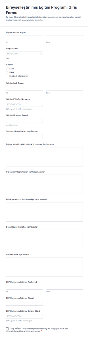 Bireyselleştirilmiş Eğitim Programı Giriş Form Şablonu