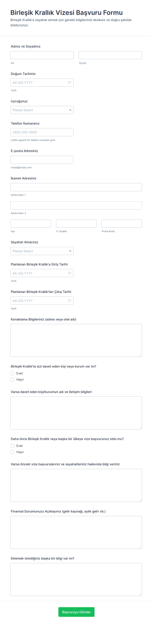 Birleşik Krallık Vizesi Başvuru Form Şablonu