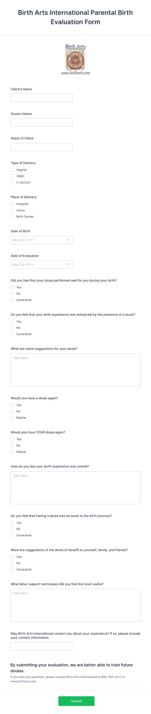 Birth Arts International Parental Birth Evaluation Form Template