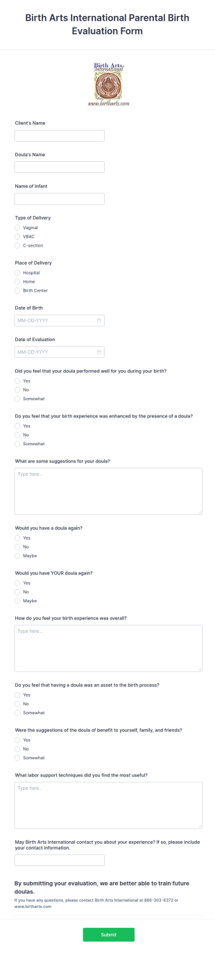 Birth Arts International Parental Birth Evaluation Form Template