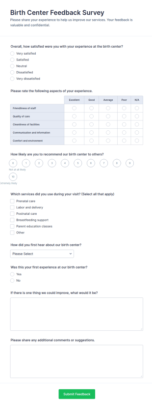 Birth Center Feedback Survey Form Template