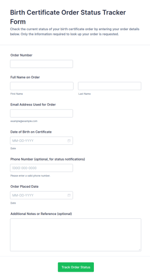 Birth Certificate Order Status Tracker Form Template