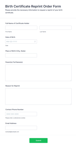 Birth Certificate Reprint Order Form Form Template