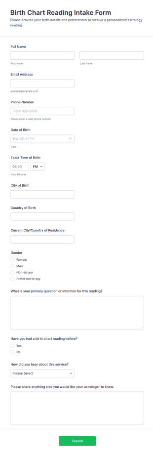 Birth Chart Reading Intake Form Template