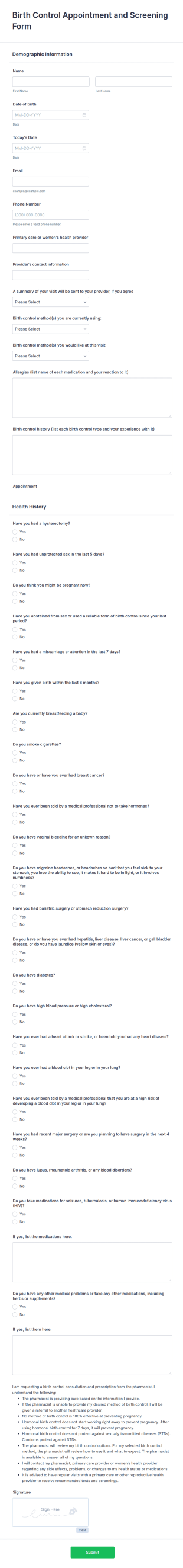 Birth Control Appointment And Screening Form Template