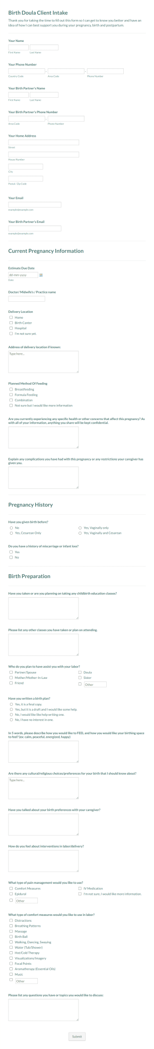 Birth Doula Client Intake Form Template