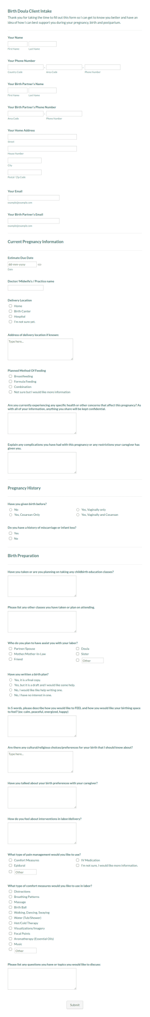 Birth Doula Client Intake Form Template