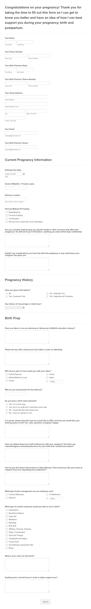 Birth Doula Intake Form Template