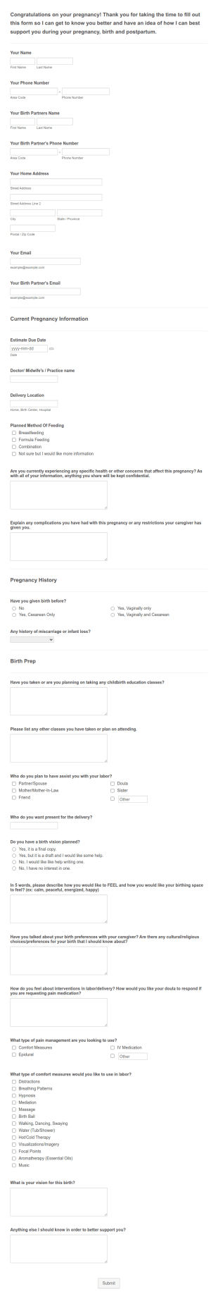 Birth Doula Intake Form Template