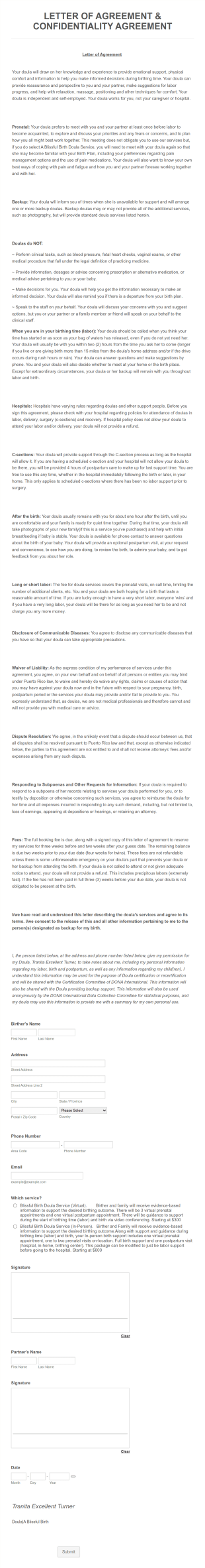 Doula Letter Of Agreement Form Template