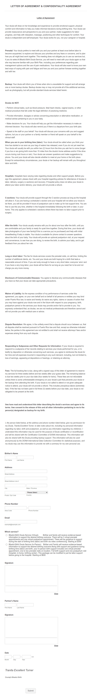 Doula Letter Of Agreement Form Template