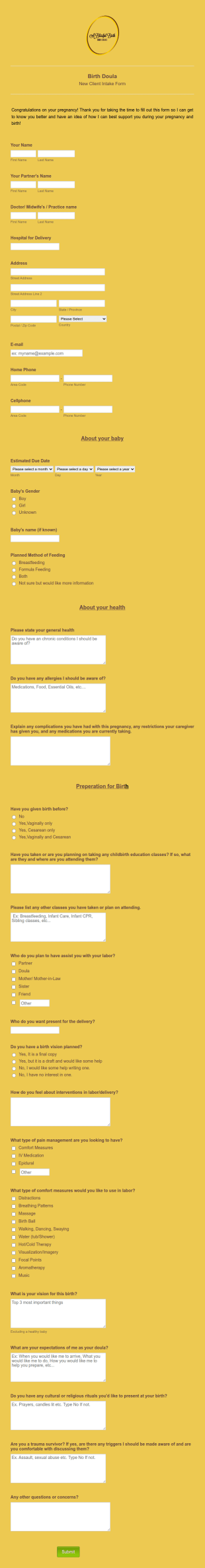 Birth Doula New Client Intake Form Template