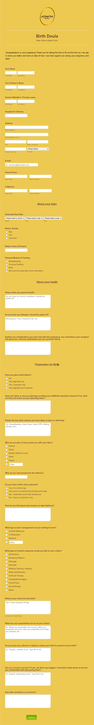 Birth Doula New Client Intake Form Template