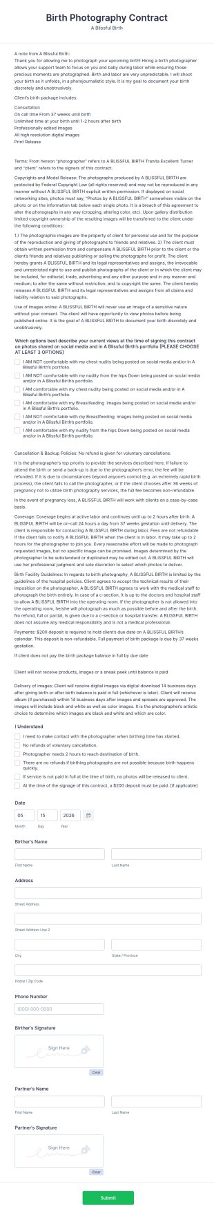 Birth Photography Contract Form Template
