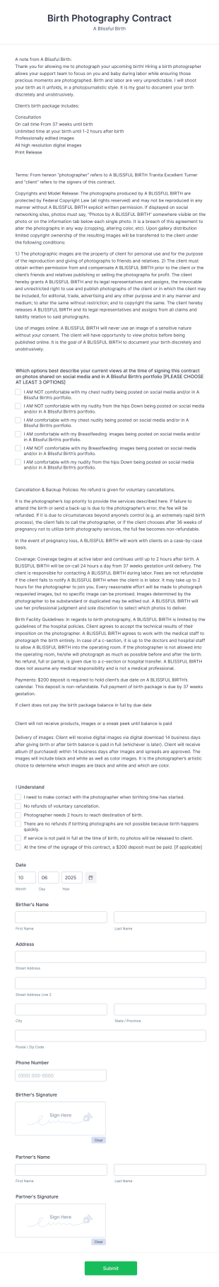 Birth Photography Contract Form Template