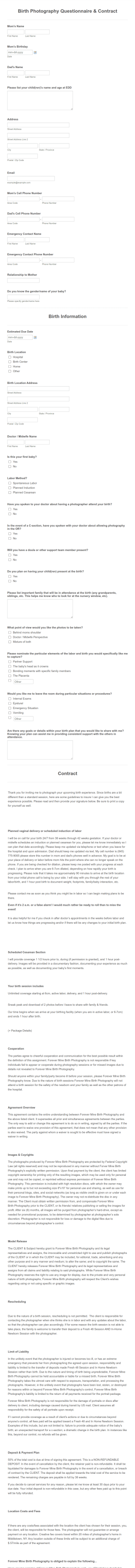 Birth Photography Questionnaire And Contract Form Template