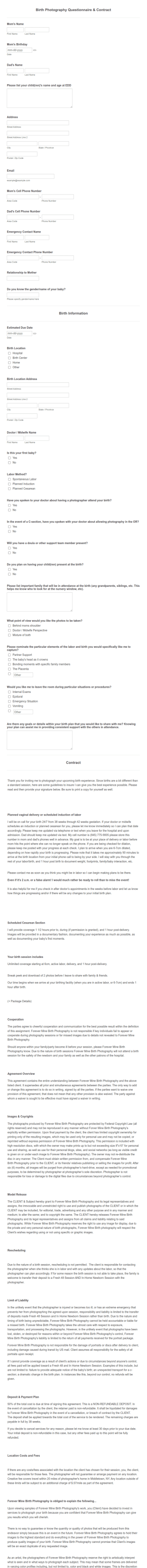 Birth Photography Questionnaire And Contract Form Template