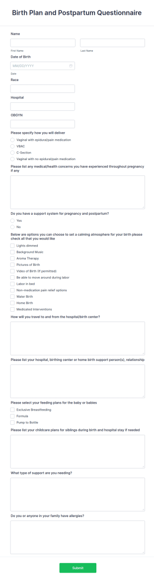 Birth Plan And Postpartum Questionnaire Form Template