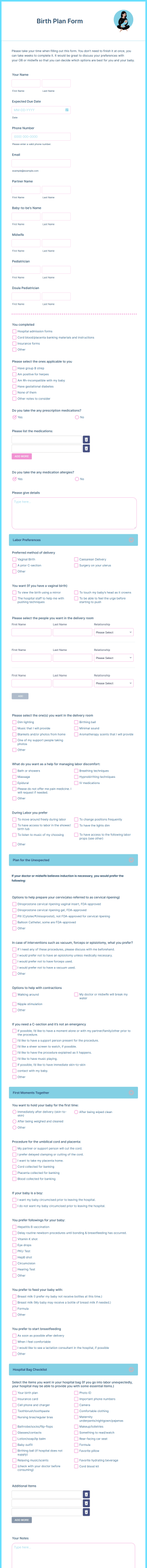 Birth Plan Form Template