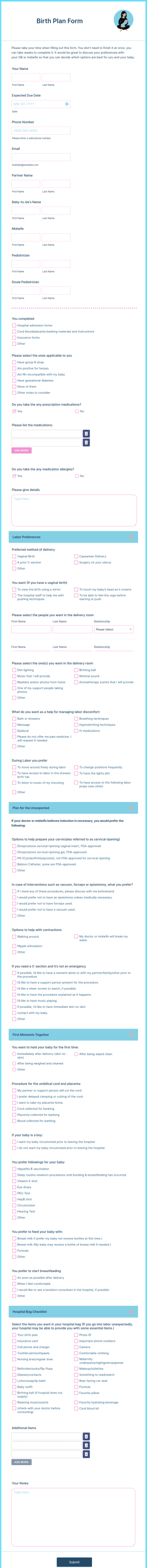 Birth Plan Form Template