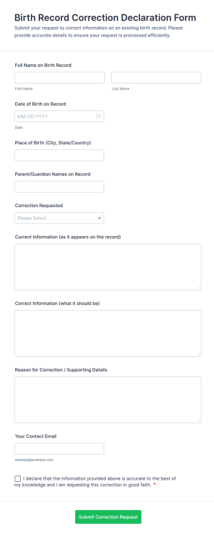 Birth Record Correction Declaration Form Template