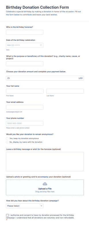 Birthday Donation Collection Form Template