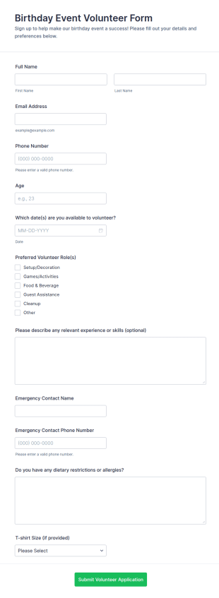 Birthday Event Volunteer Form Template