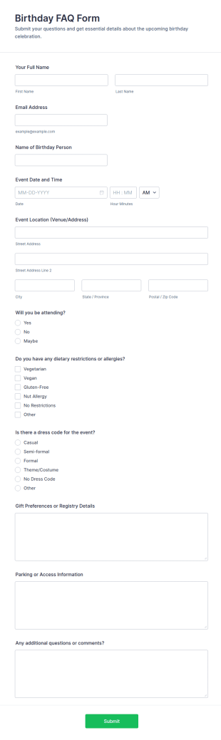 Birthday FAQ Form Template