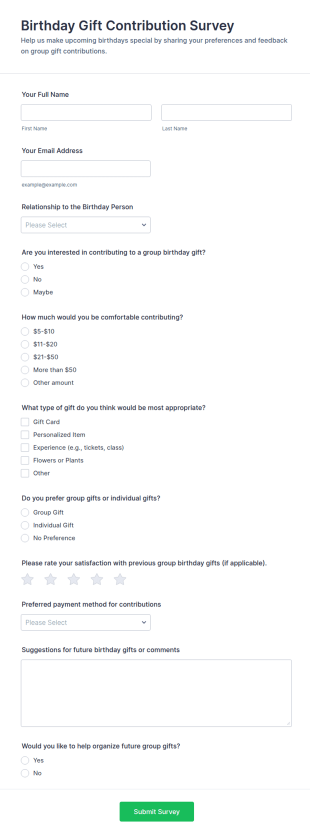 Birthday Gift Contribution Survey Form Template