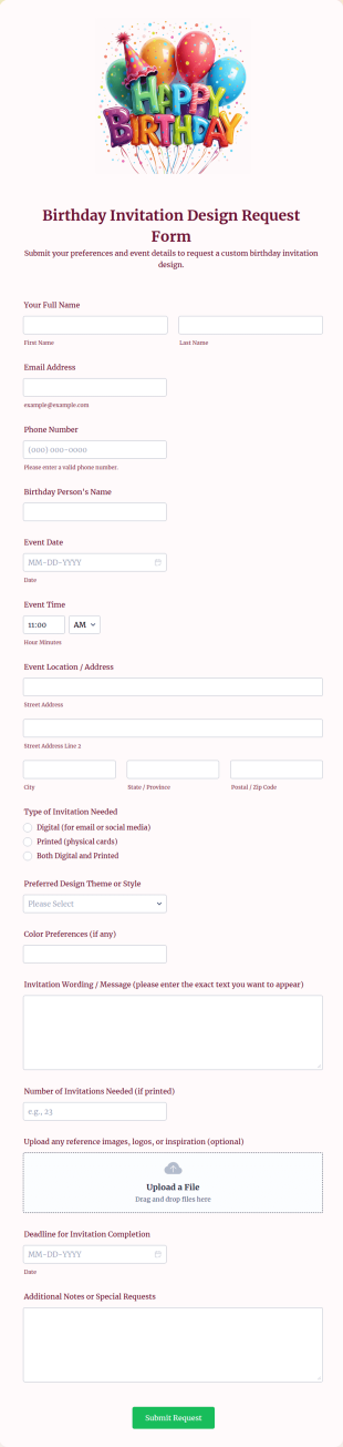Birthday Invitation Design Request Form Template